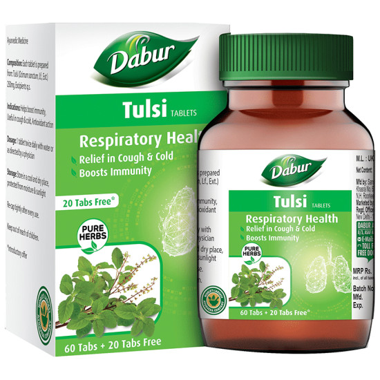 Dabur Pure Herbs Respiratory Health Tulsi Tablets - Get 20 Tablets Free image