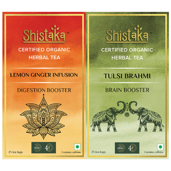 Shistaka Combo Pack of Certified Organic Herbal Tea (1.8gm Each) Lemon Ginger Infusion & Tulsi Brahmi image