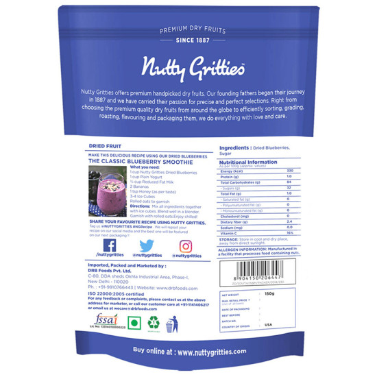 Nutty Gritties Dried & Whole Blueberries (150gm Each) image