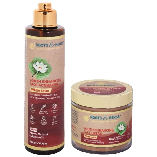 Roots and Herbs Combo Pack of White Lotus Youth Enhancing Face Activator (200ml) & White Lotus Youth Enhancing Face Ubtan (60gm) image