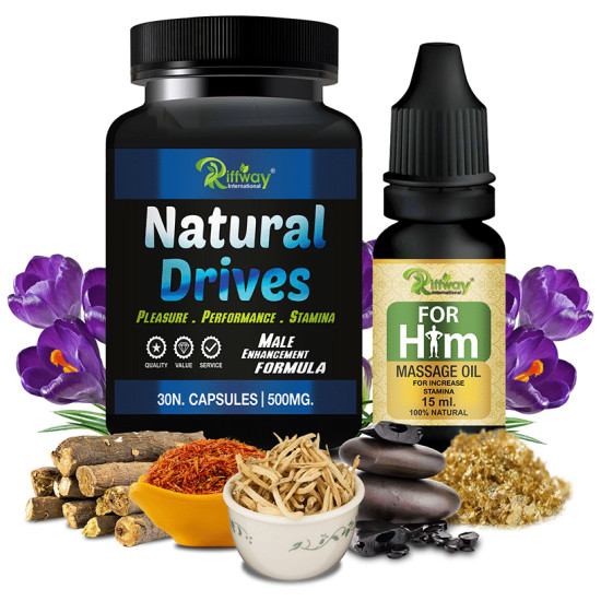 Riffway International Combo Pack of Natural Drives 30 Capsule & For Him Massage Oil 15ml image