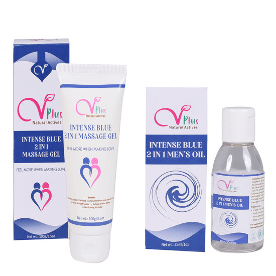 Vigini VPlus Natural Actives Combo Pack of Intense Blue 2 in 1 Massage Gel 100gm & Intense Blue 2 in 1 Men's Oil 25ml image