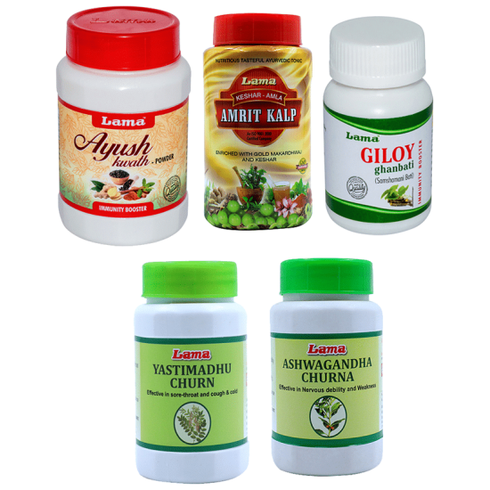 Lama Immunity Pack for Senior Citizen (Giloy Ghanbati 60 Tablet, Ayush Kwath Powder 100gm, Ashwagandha Churna 100gm, Yastimadhu Churn 100gm & Amrit Kalp 500gm) image