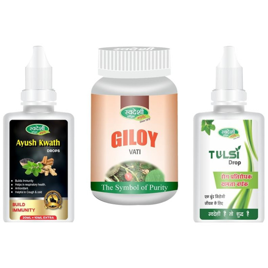 Swadeshi Combo Pack of Ayush Kwath Drops 30ml, Tulsi Drop 15ml & Giloy Vati 60 with Digstv Amla Sweet Candy 100gm Free image