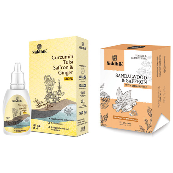 Siddhik Combo Pack of Curumin Tulsi Saffron & Ginger Drop (30ml) and Sandalwood & Saffron With Shea Butter Soap (125gm) image