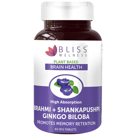 Bliss Welness Brain Health Brahmi + Shankapushpi Ginkgo Biloba Veg Tablet image