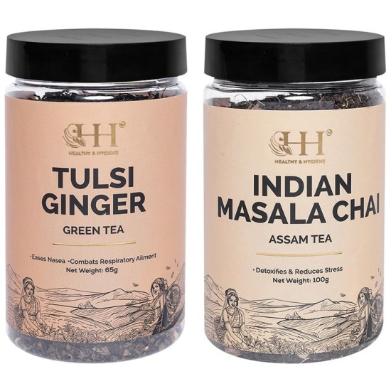 Healthy & Hygiene Combo Pack of Indian Masala Chai Assam Tea 100gm & Tulsi Ginger Green Tea 65gm image