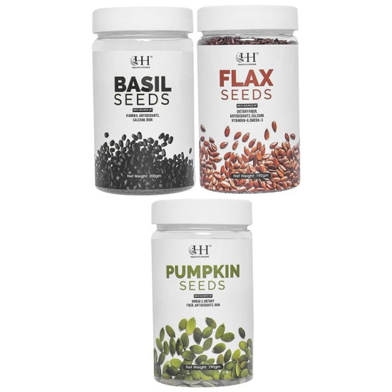 Healthy & Hygiene Combo Pack of Basil Seed 200gm, Flax Seed 190gm & Pumpkin Seed 190gm image