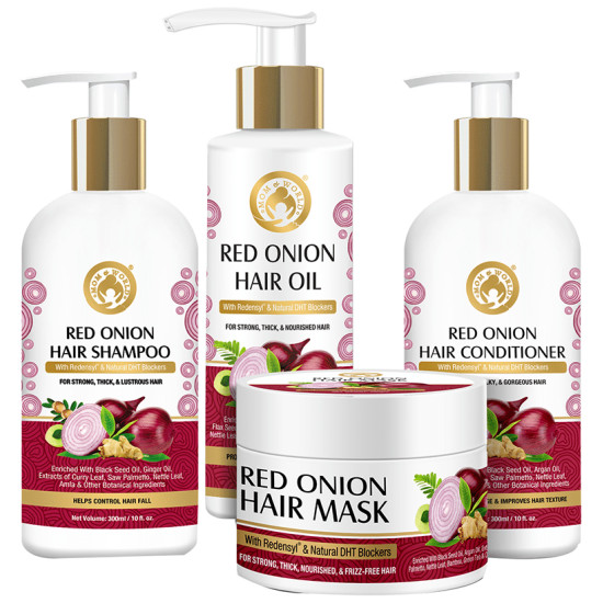 Mom & World Combo Pack of Red Onion Hair Shampoo 300ml, Red Onion Hair Conditioner 300ml, Red Onion Hair Oil 200ml & Red Onion Hair Mask 200ml image