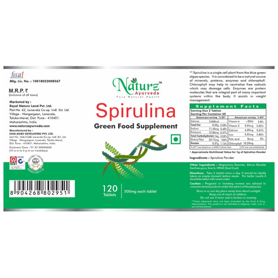 Naturz Ayurveda Spirulina 500mg Tablet image