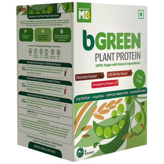 MuscleBlaze bGreen Plant Protein Trial Pack Chocolate 2 , Strawberry 2 , Cafe Mocha 2 image