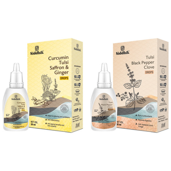 Siddhik Combo Pack of Curumin Tulsi Saffron & Ginger Drop and Tulsi Black Pepper Clove Drop (30ml Each) image